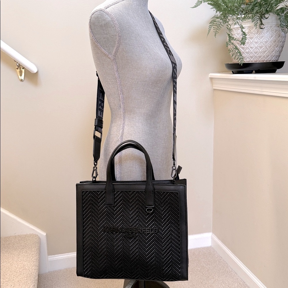 Karl Lagerfeld Paris Stitched Chrevon Black tote/crossbody bag. - Picture 9 of 15